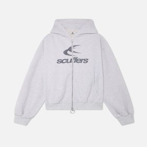 Logo Grey Melange Zipped Hoodie